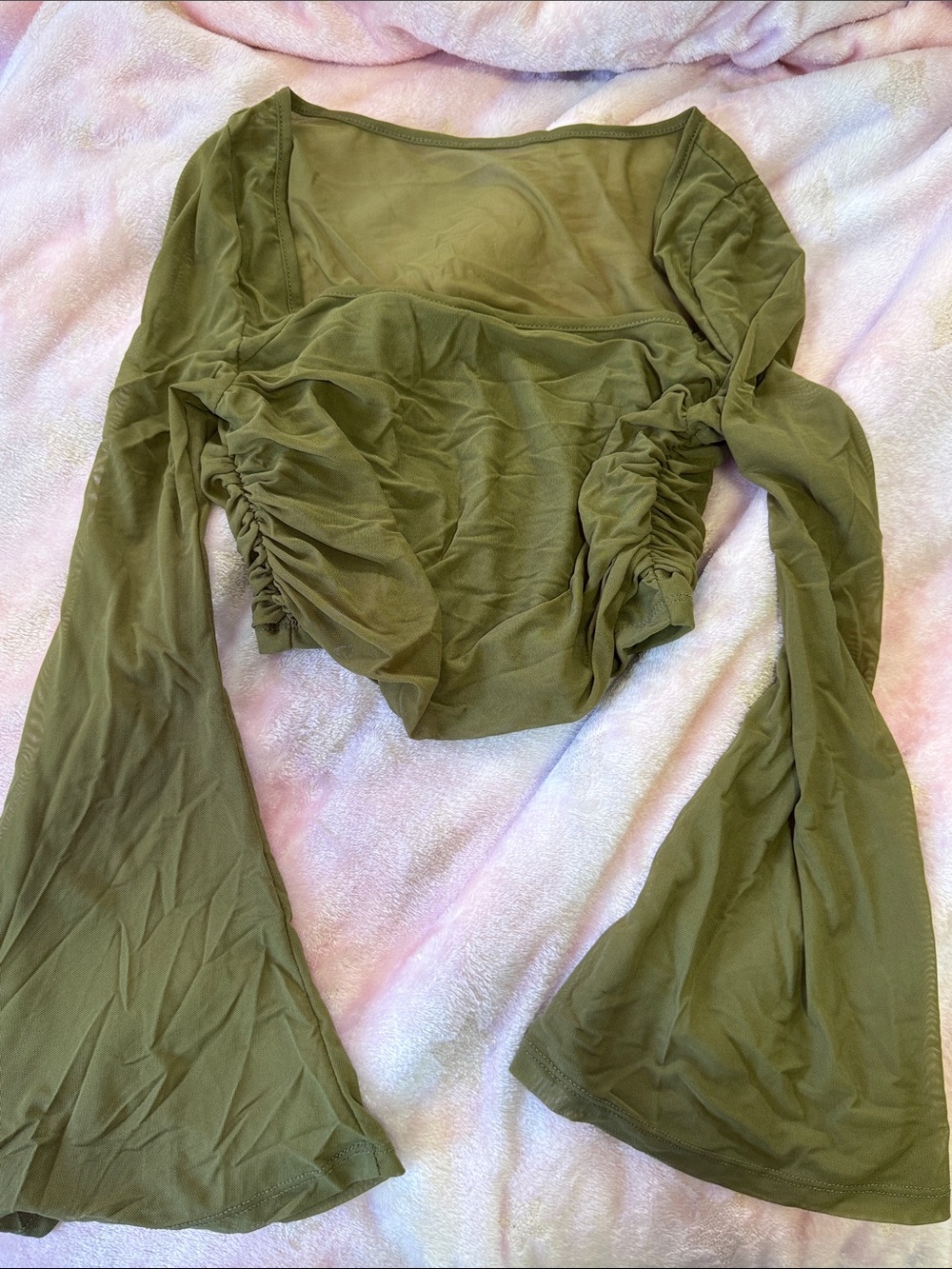 Olive Green Ruched Long-Sleeve Crop Top - Women